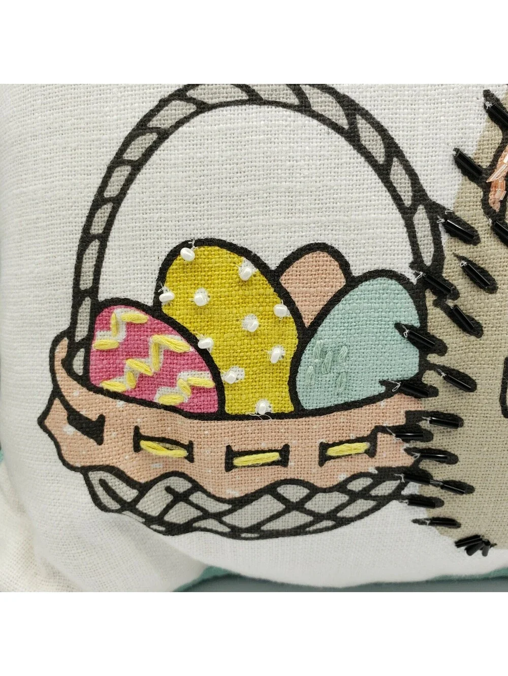 Bunny Tales Accent Throw Pillow Beaded Hedgehogs Embroidered 20x14 White Teal